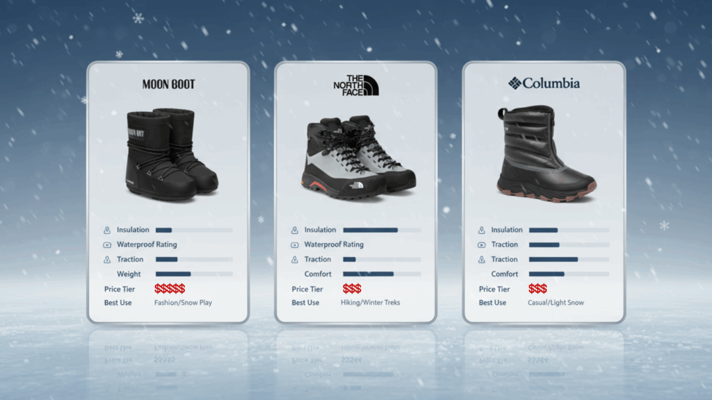 เปรียบเทียบรองเท้ากันหนาว Moon Boot Columbia The North Face คุณสมบัติและราคา