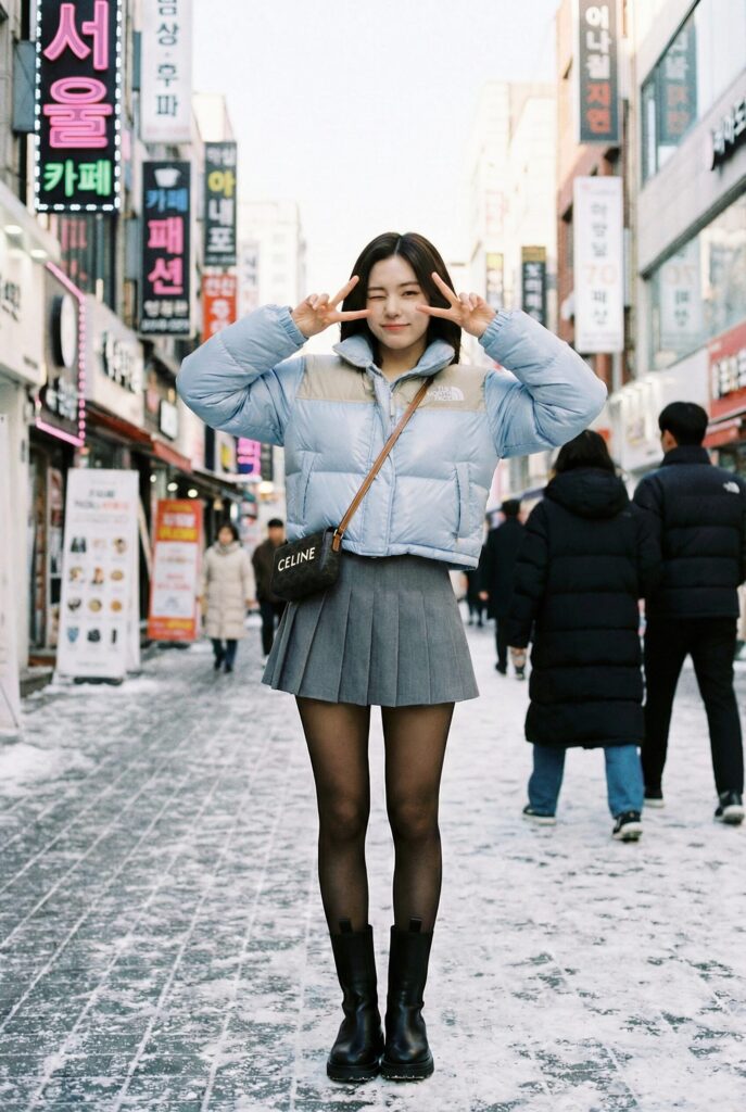 ลุคเสื้อกันหนาวขนเป็ดกับกระโปรงสั้น