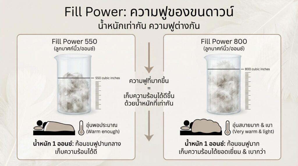 ภาพอินโฟกราฟิกอธิบาย Fill Power คืออะไร เปรียบเทียบความฟูของขนเป็ด 550 และ 800 ในน้ำหนัก 1 ออนซ์เท่ากัน