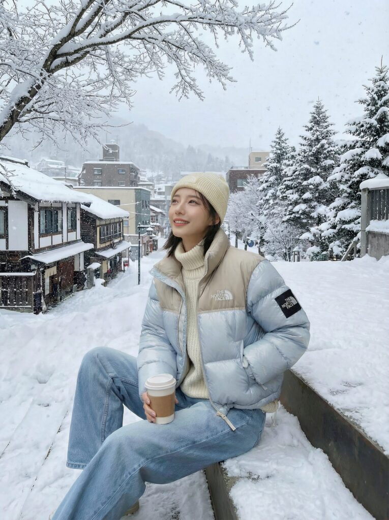 นางแบบใส่เสื้อขนเป็ดกันหนาวสีขาว ยืนถ่ายรูปท่ามกลางหิมะที่ญี่ปุ่น ร้านเช่าเสื้อกันหนาว GO Mall