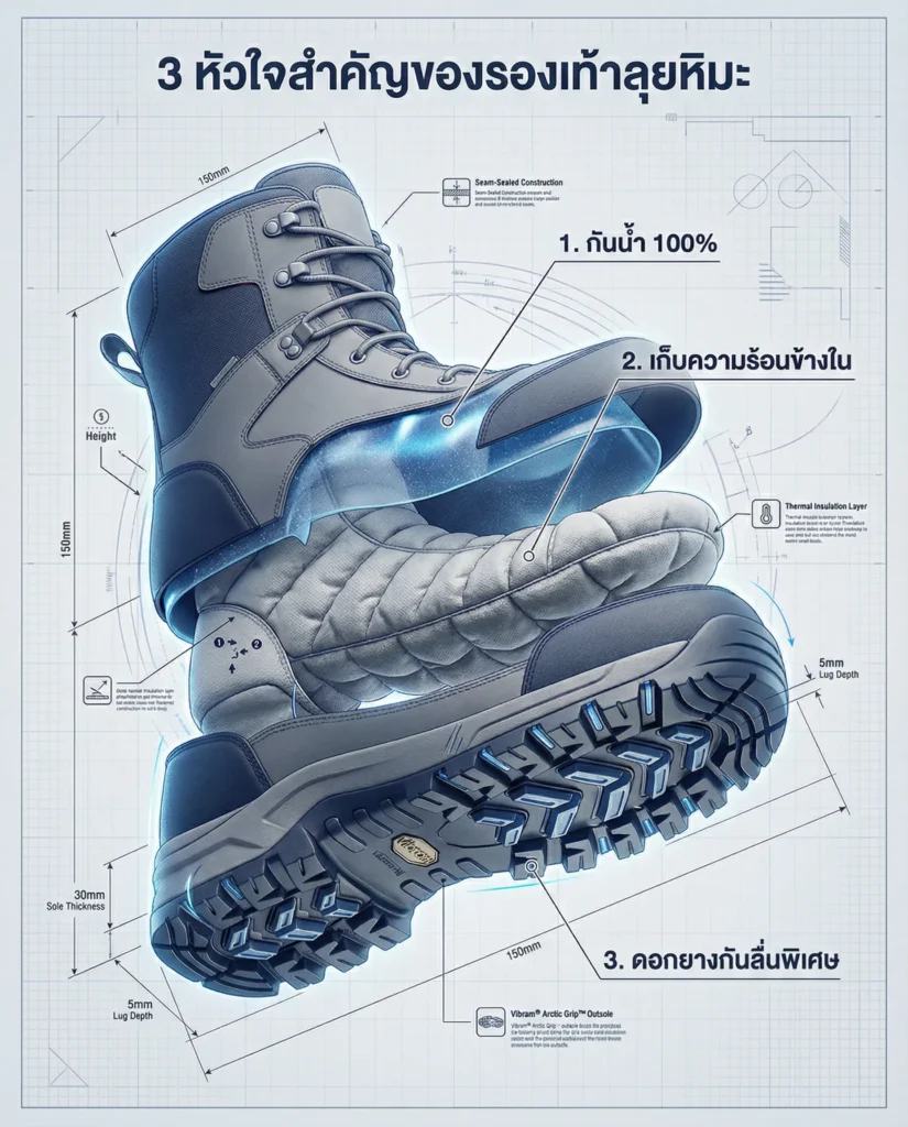 3 คุณสมบัติหลักของรองเท้าลุยหิมะ