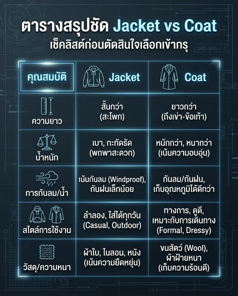 ตารางเปรียบเทียบเสื้อแจ็คเก็ตกันหนาวVS เสื้อโค้ทกันหนาว