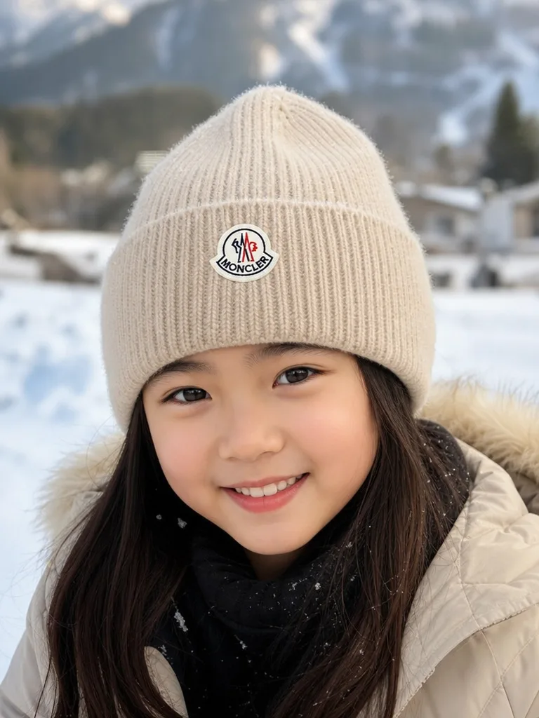 หมวกบีนนี่ไหมพรมสีเบจสำหรับเด็ก ด้านหน้า มีโลโก้ Moncler
