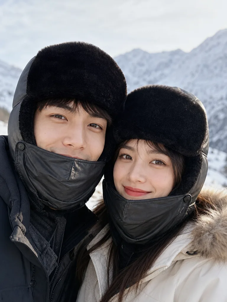 ภาพคู่ชายหญิงสวมหมวกอุชานก้าสีดำ และเสื้อแจ็คเก็ตกันหนาวสีดำกับสีครีม ด้านหน้า