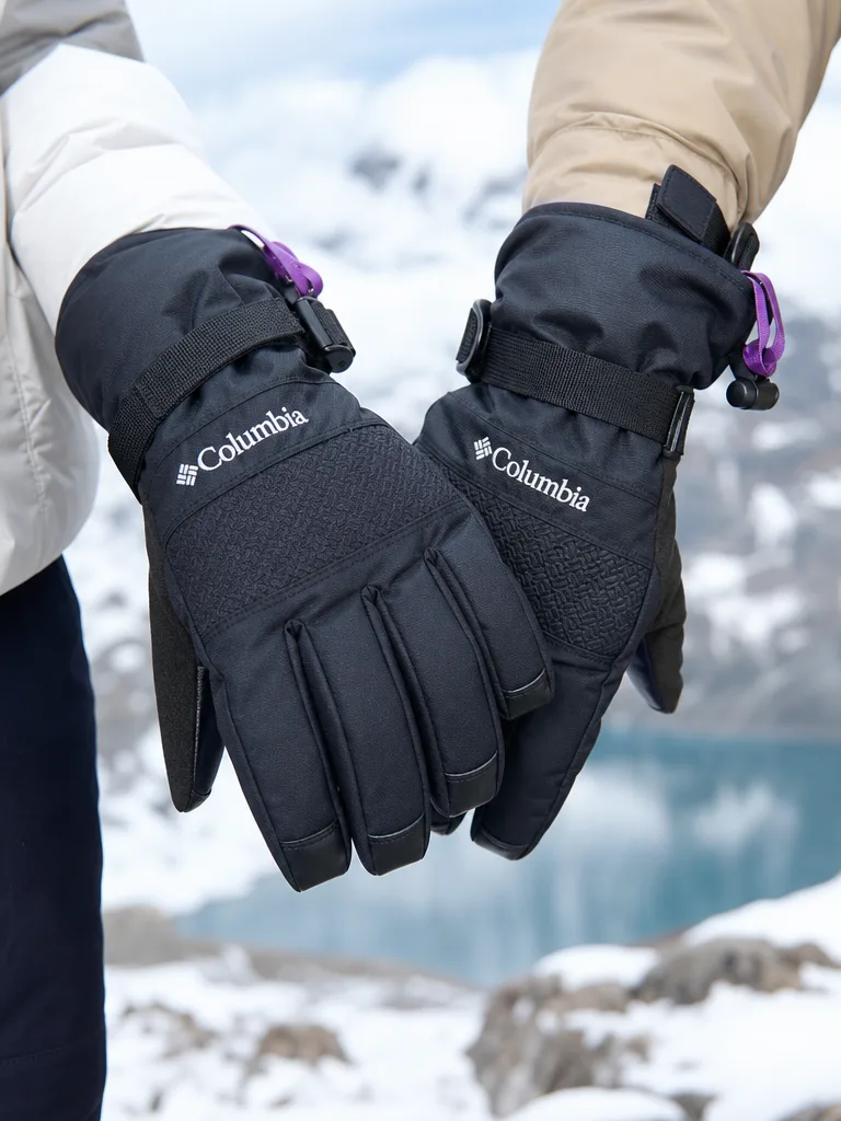 ถุงมือกันหนาว Columbia สีดำ ด้านหน้า มีสายรัดปรับได้และพื้นผิวฝ่ามือมีลวดลาย เหมาะสำหรับฤดูหนาว