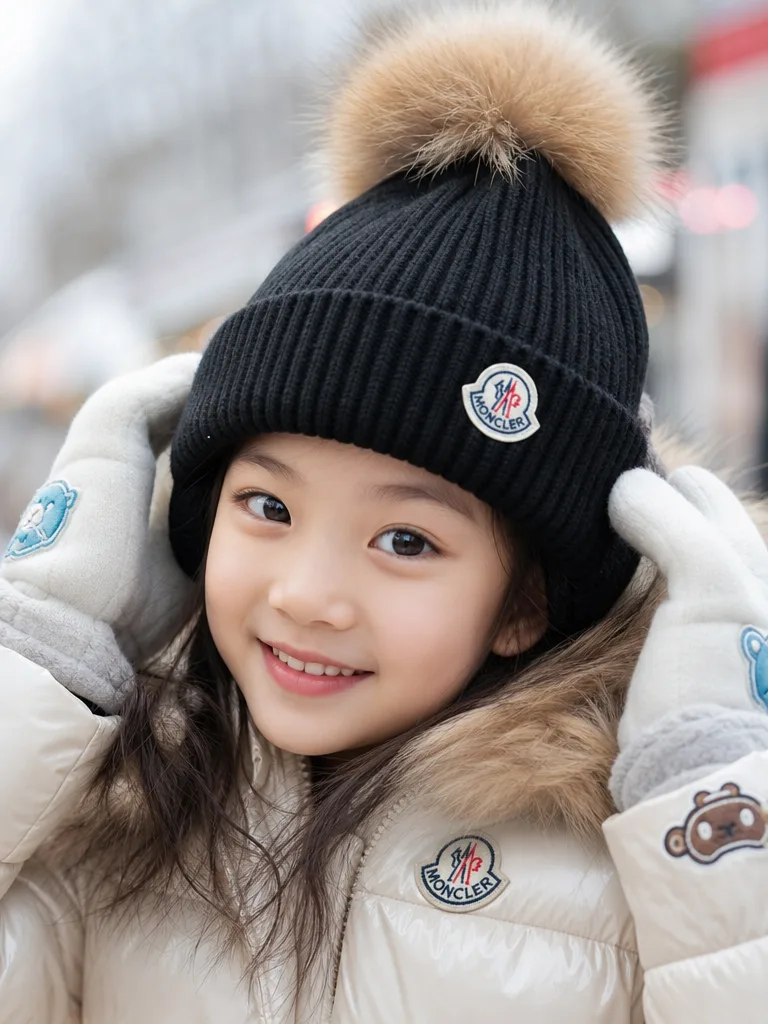 เด็กผู้หญิงใส่หมวกไหมพรมสีดำพร้อมปอมปอมขนเฟอร์สีน้ำตาล เสื้อแจ็คเก็ตกันหนาวบุผ้าสีครีมมีฮู้ดแต่งขน และถุงมือสีขาวลายการ์ตูน ด้านหน้า