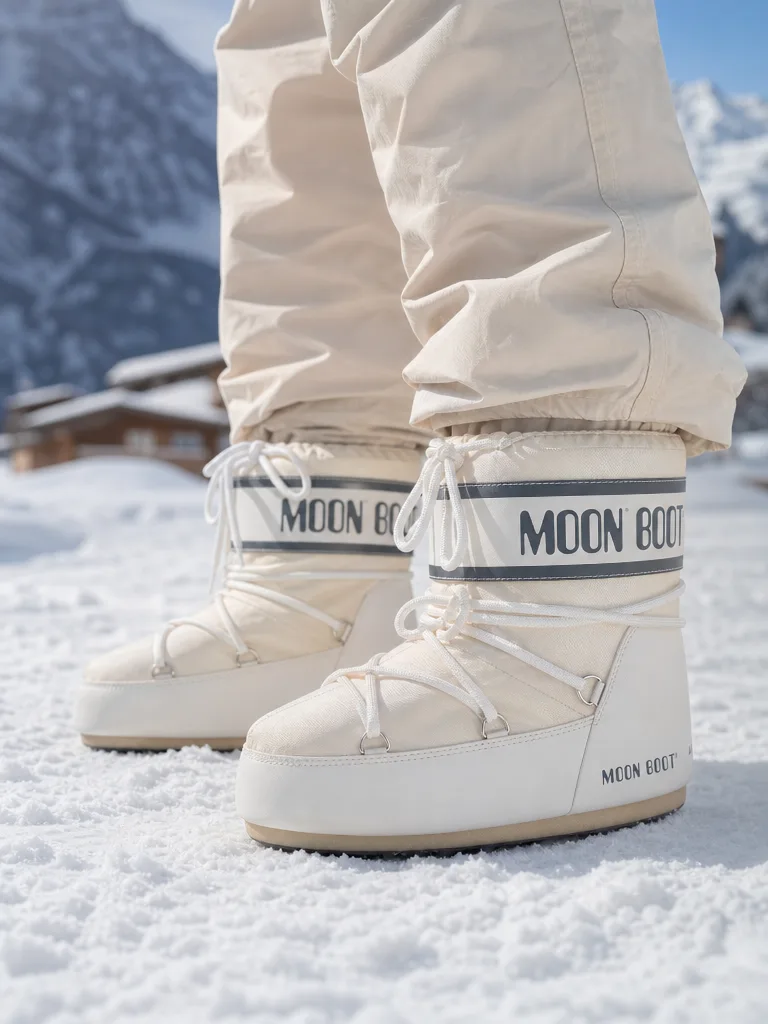 รองเท้าบูทกันหิมะ Moon Boot สีครีม ด้านหน้า พร้อมเชือกผูกและโลโก้แบรนด์