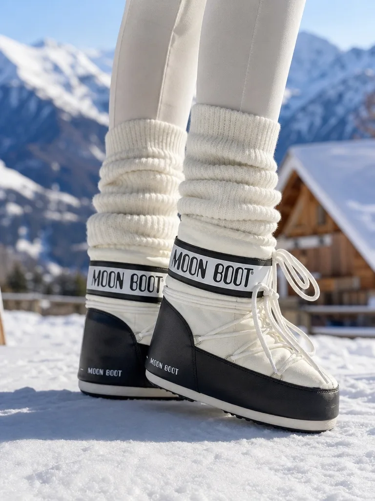 รองเท้าบูทหิมะ Moon Boot สีครีมตัดดำ ด้านหน้า มีเชือกผูกและโลโก้แบรนด์