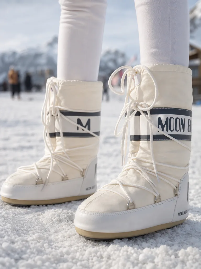รองเท้าบูทหิมะสีครีม ด้านหน้า ดีไซน์ผูกเชือก พร้อมโลโก้ Moon Boot ชัดเจน