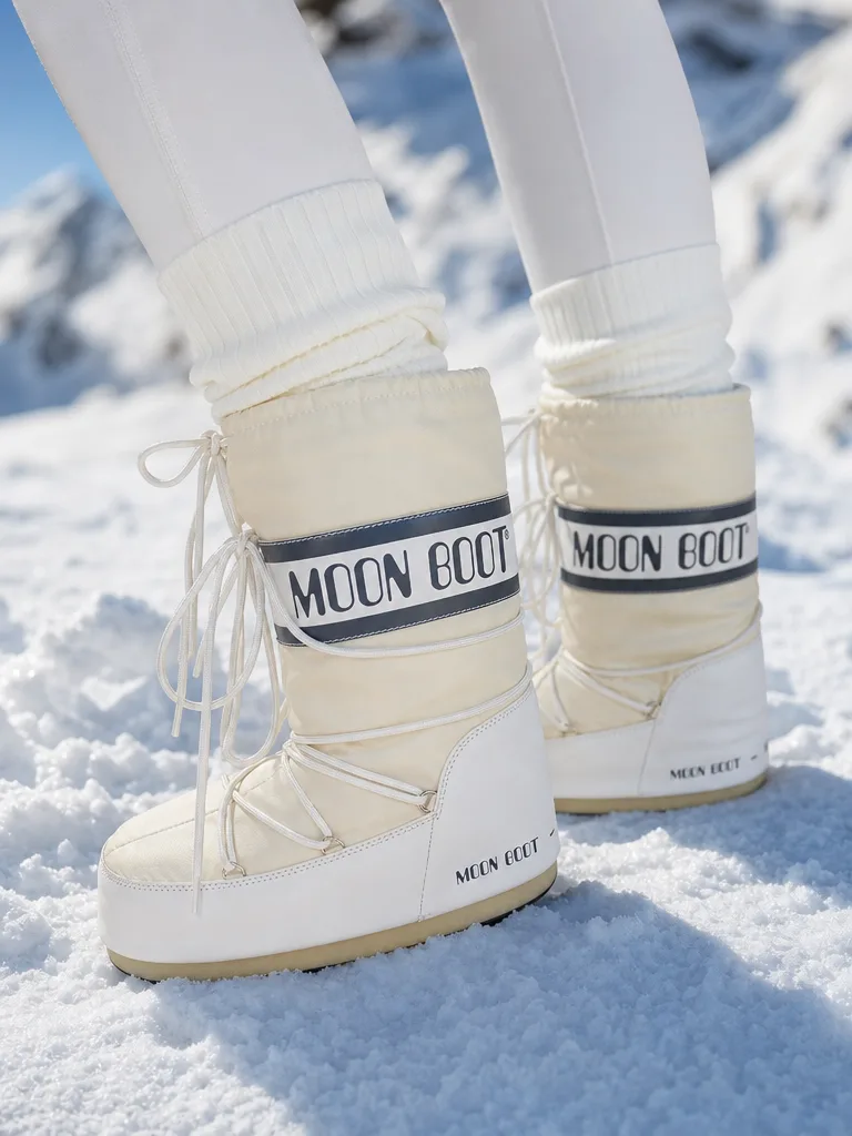 รองเท้าบูทลุยหิมะ Moon Boot สีครีมขาว ด้านหน้า มีเชือกผูกและแถบโลโก้ Moon Boot ขนาดใหญ่