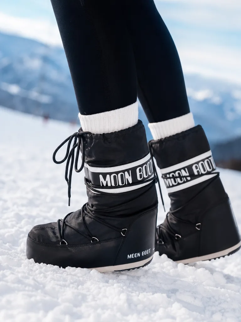 รองเท้าบูทหิมะ Moon Boot สีดำ ด้านหน้า มีเชือกผูกและโลโก้สีขาว เหมาะสำหรับใส่ในฤดูหนาว