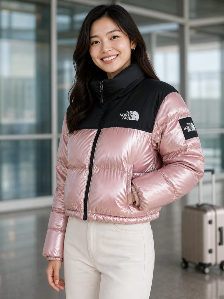 นางแบบเอเชียสวมเสื้อขนเป็ด The North Face ทรงครอปสีชมพูเมทาลิคและดำที่สนามบิน