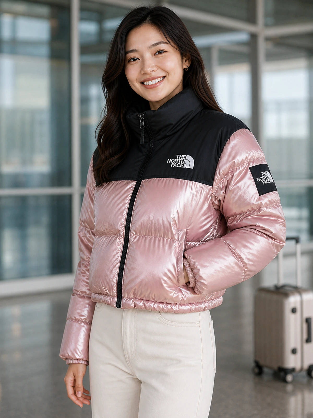 นางแบบเอเชียสวมเสื้อขนเป็ด The North Face ทรงครอปสีชมพูเมทาลิคและดำที่สนามบิน