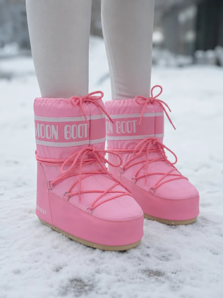 รองเท้าบูทกันหนาว Moon Boot สีชมพูสดใส ด้านหน้า แสดงให้เห็นเชือกผูกและดีไซน์สำหรับลุยหิมะ