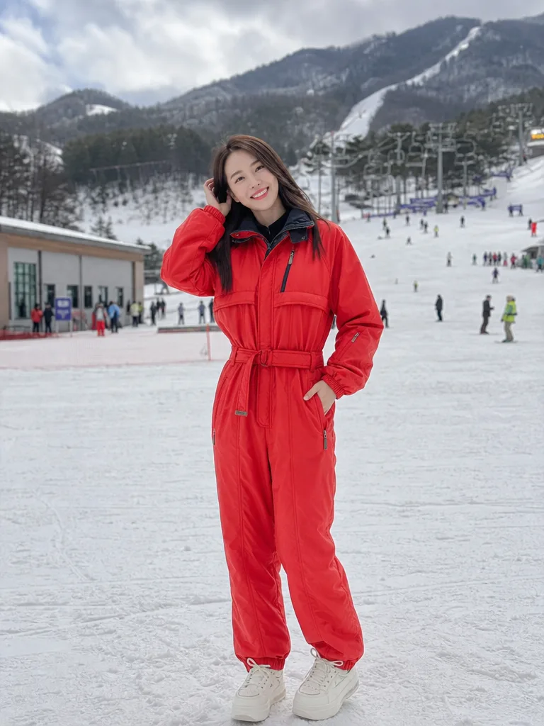 ชุดจั๊มสูทสกีสีแดงสด ด้านหน้า มีเข็มขัดรัดเอวและกระเป๋าซิป