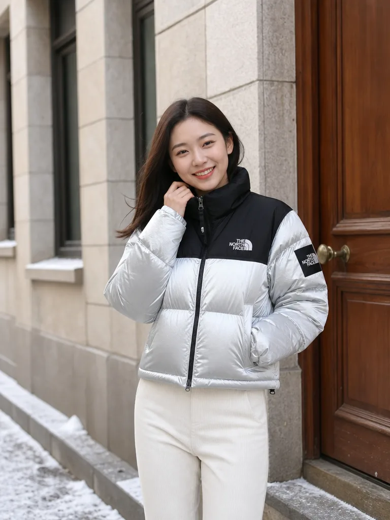 เสื้อแจ็คเก็ตกันหนาวบุนวม The North Face ทรงครอปสีเงินสลับดำ ด้านหน้า
