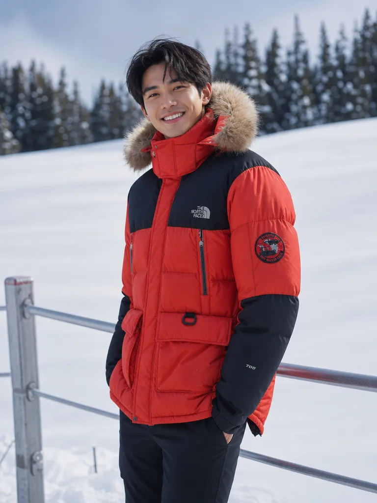 เสื้อแจ็คเก็ตกันหนาว The North Face สีแดงสลับดำ ด้านหน้า มีฮู้ดแต่งขนเฟอร์