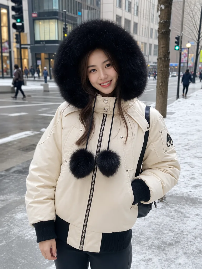 เสื้อกันหนาวบอมเบอร์พาร์กาสีครีม ด้านหน้า มีฮู้ดแต่งขอบเฟอร์สีดำ และพู่ห้อยสีดำ