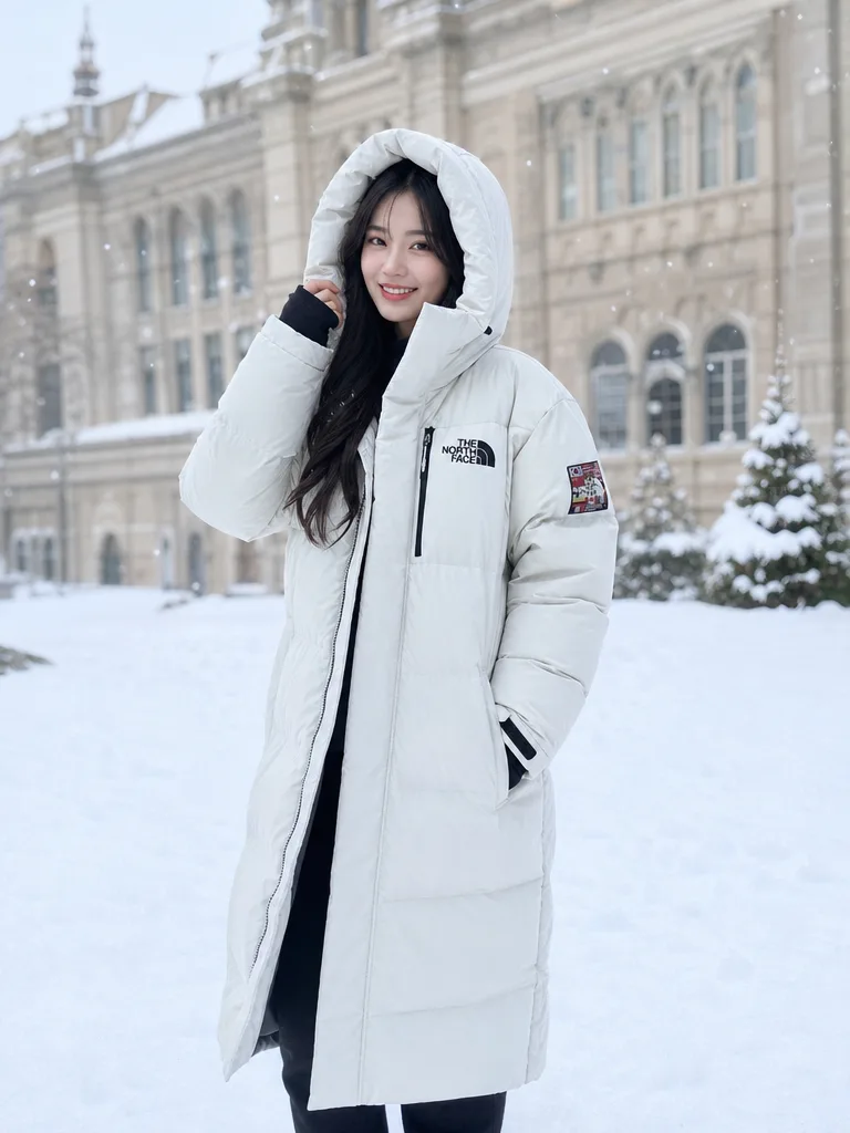 เสื้อโค้ทกันหนาวบุขนเป็ดตัวยาวสีครีม ด้านหน้า มีฮู้ดและโลโก้ The North Face