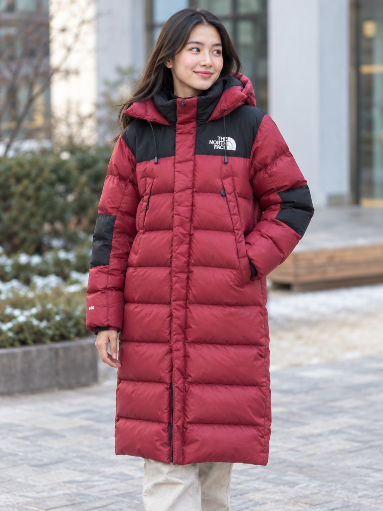 นางแบบสวมเสื้อกันหนาวทรงยาว The North Face สีแดงเลือดหมูตัดดำ มีฮู้ด ในฉากกลางแจ้ง