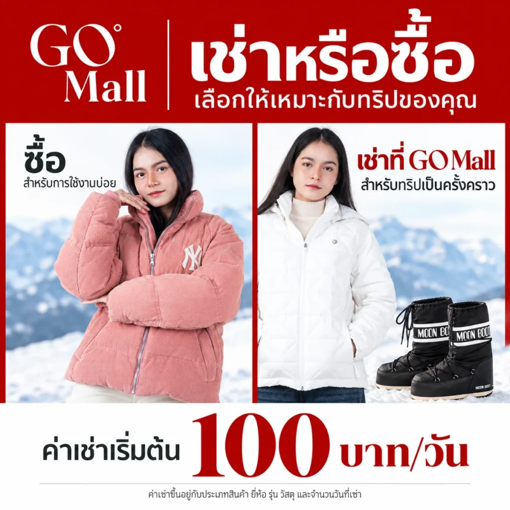 ภาพเปรียบเทียบการเช่าและซื้อชุดกันหนาว GO Mall ค่าเช่าเริ่มต้น 100 บาท/วัน